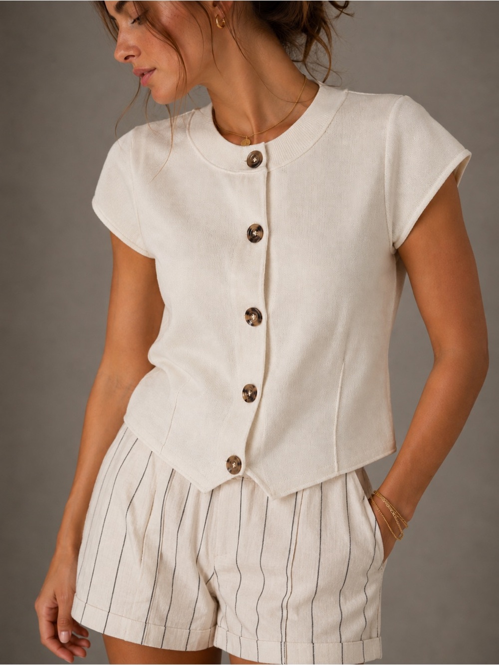 NWT Maeve Anthropologie Cream Knit Button Front Short Sleeve Cardigan Top - Medi
